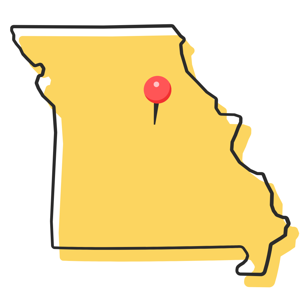 Yellow graphic of the state of Missouri with a pin icon in the center