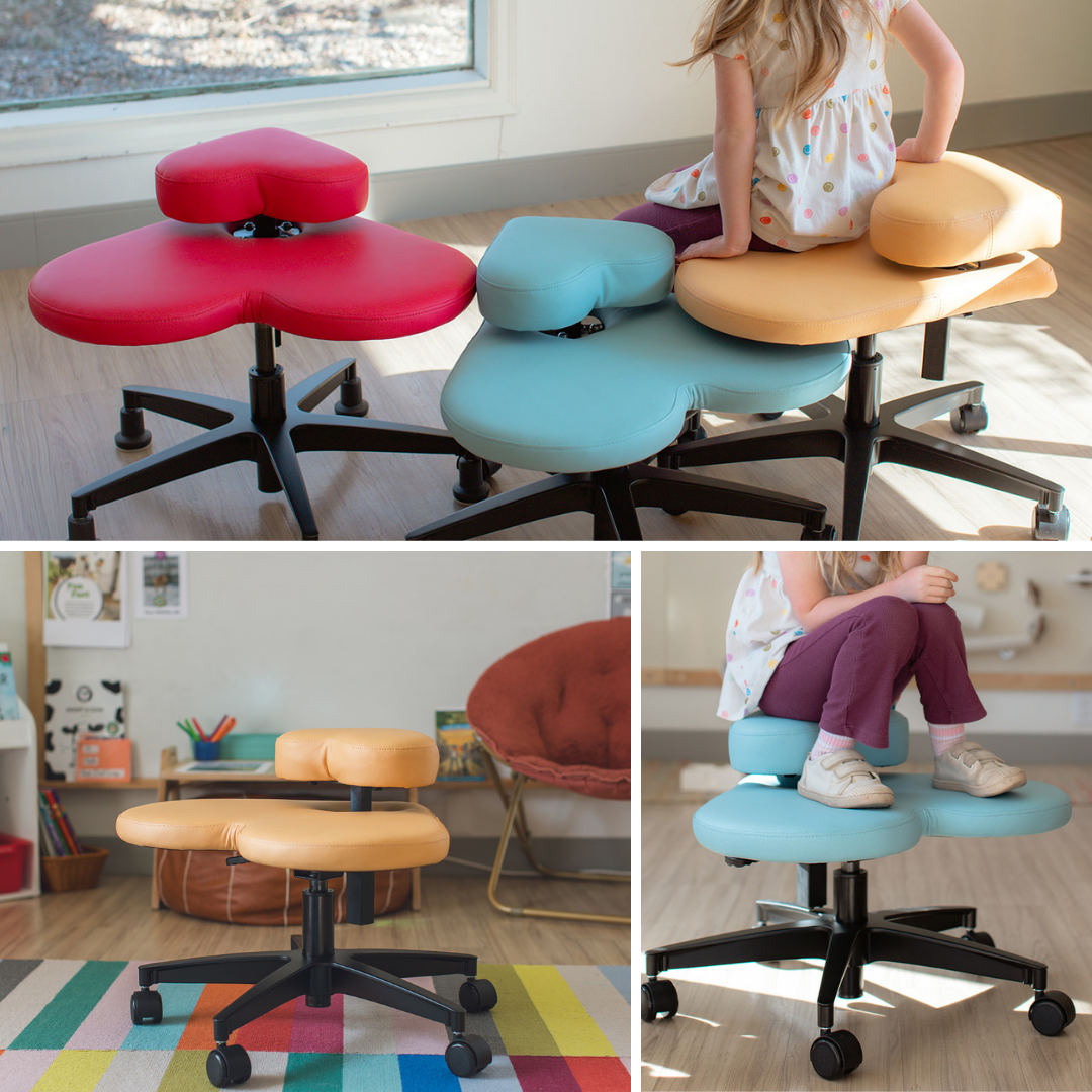 Collection of fidget seats for kids with children using them in a classroom setting.